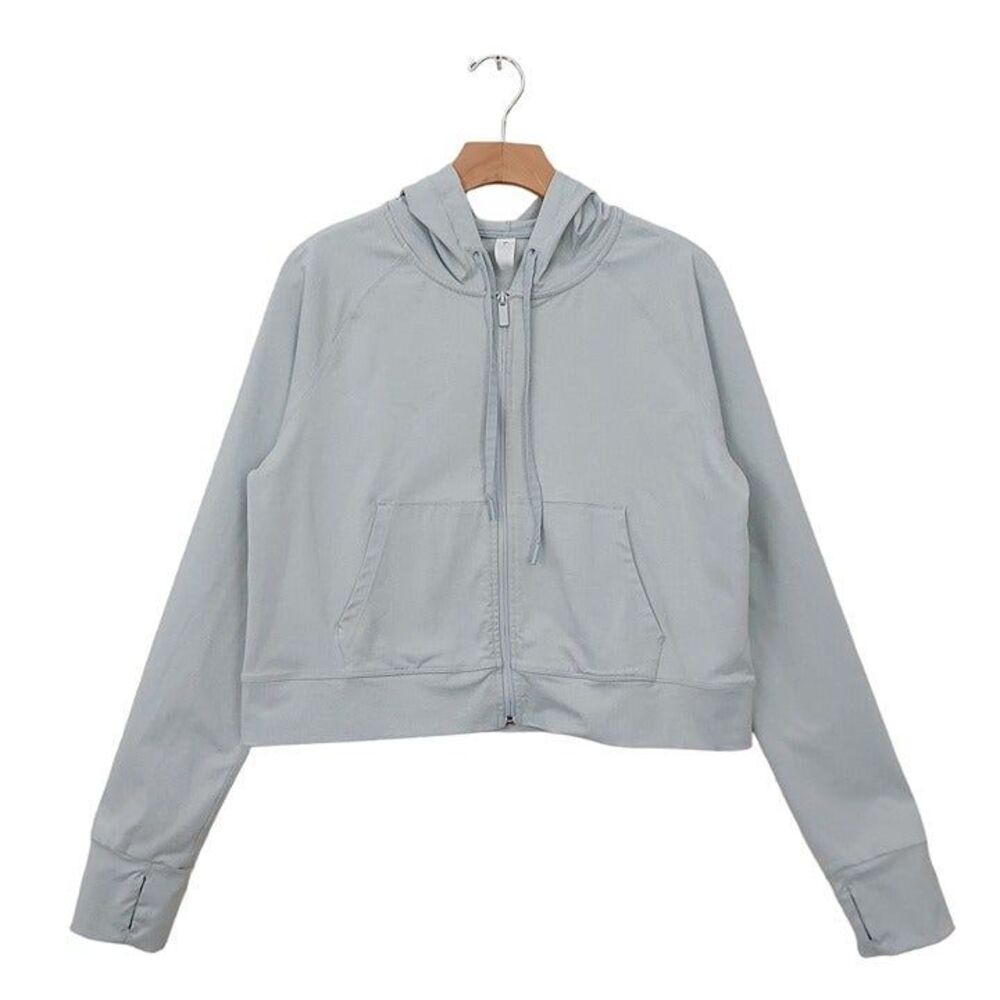 Yogalicious Cropped Full Zip Hoodie Womens Large Gray Blue Thumbholes Athletic